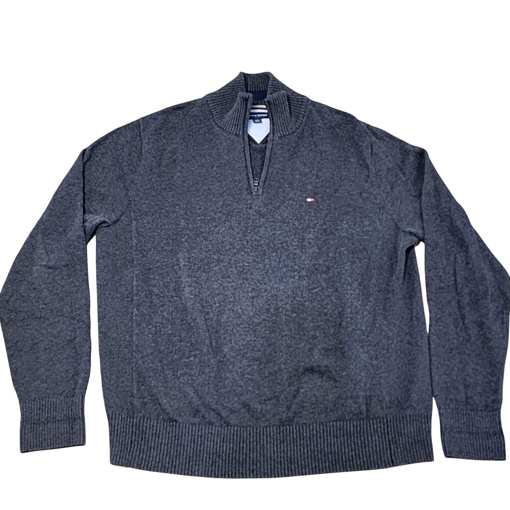 Tommy Hilfiger Sweater Mens Large Gray 1/4 Zip Mock Neck Pullover Knit